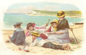 An example of children playing outdoors on the beach from the front of a Victorian greetings card. 