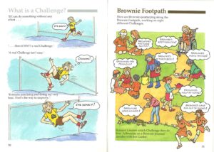 Pages from a Brownie handbook outlining the 'Brownie Footpath'. It shows examples of the eight different types of 'challenges' Brownies are expected to undertake on their journey.
