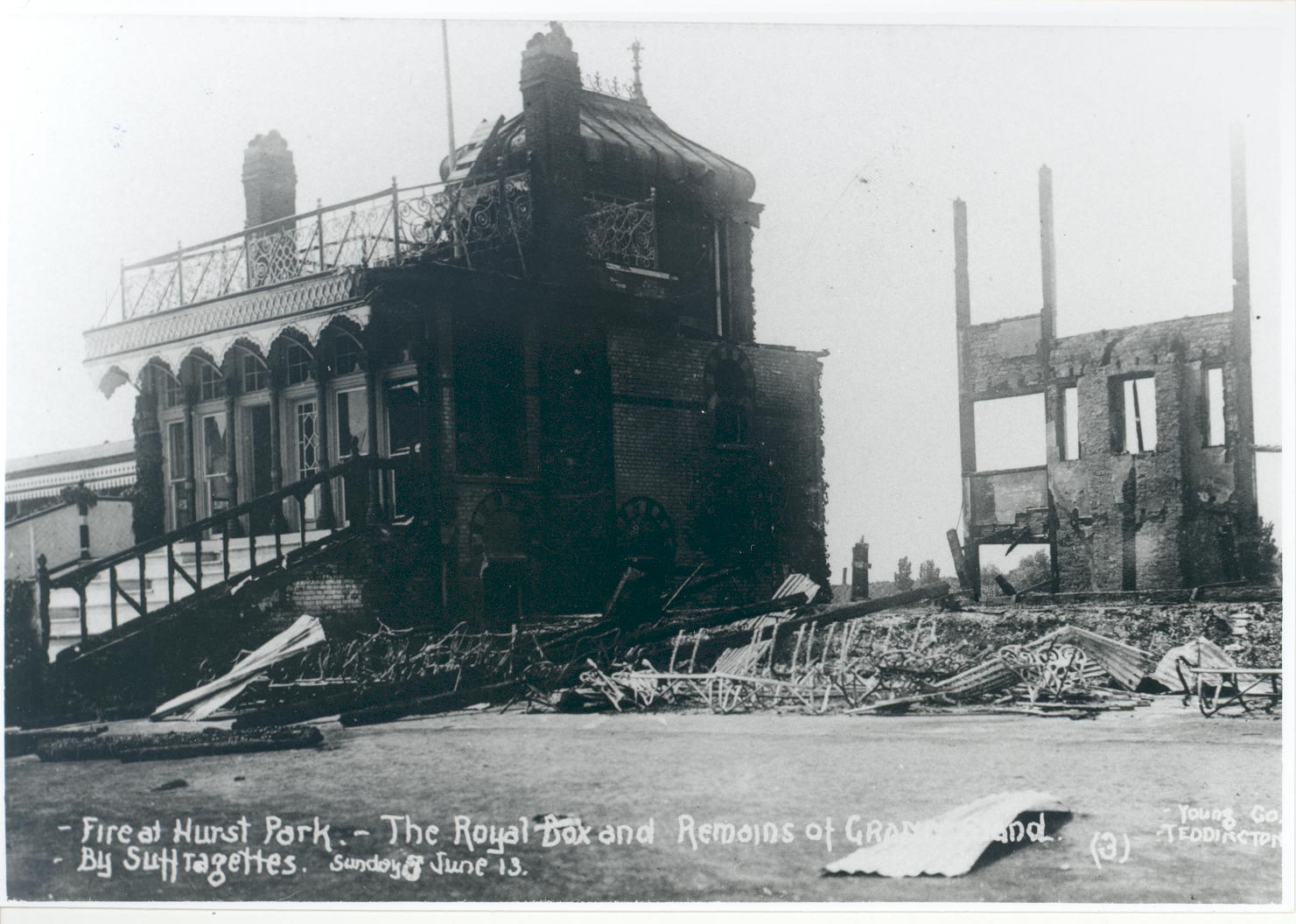 the remains of Hurst Park Grandstand after Suffragette arson, June 1913.