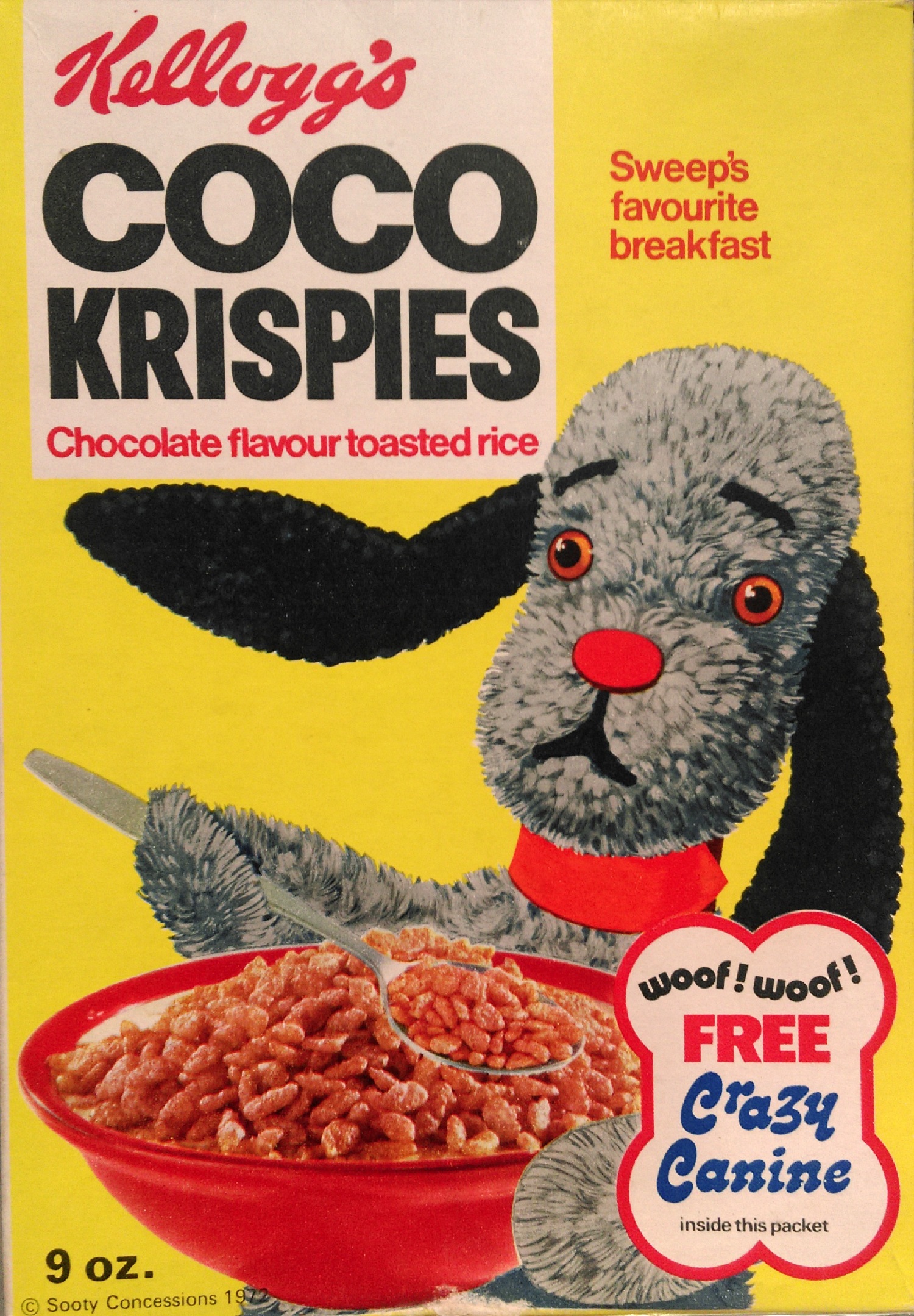 Kellog's Coco Krispies packet from 1972, with a picture of Sweep the poodle on the front. On the back is information about free 