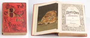 Boys Own Annual 1887, cover (left) and open (right) On the inside cover there is an illustration of a tiger