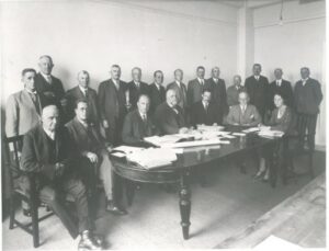 Photograph of the first Milk Marketing Board meeting at Thames House, London on 6th October 1933. 