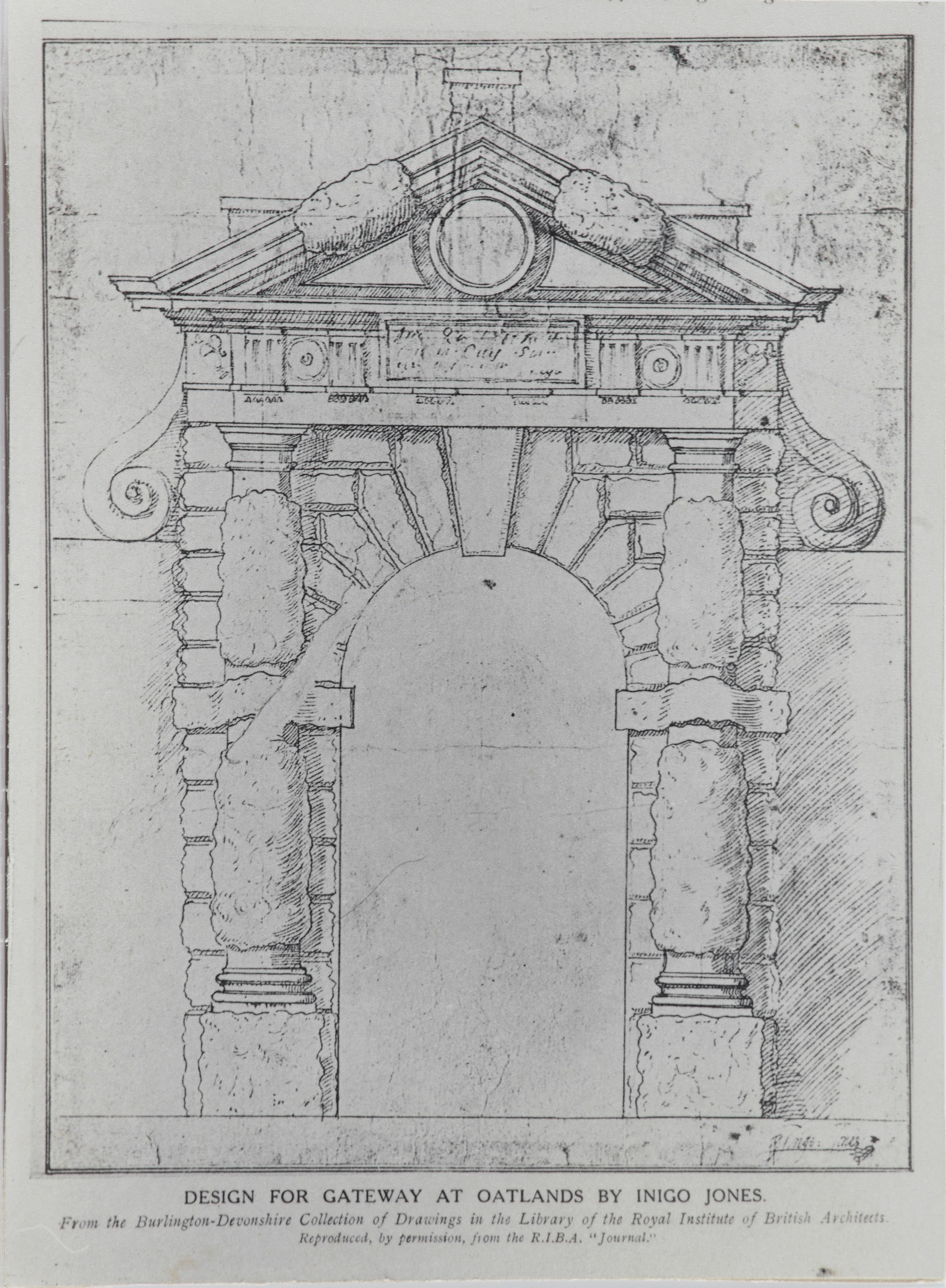 Black and white print on card of a drawing for a 'Design for a Gateway at Oatlands by Inigo Jones'.