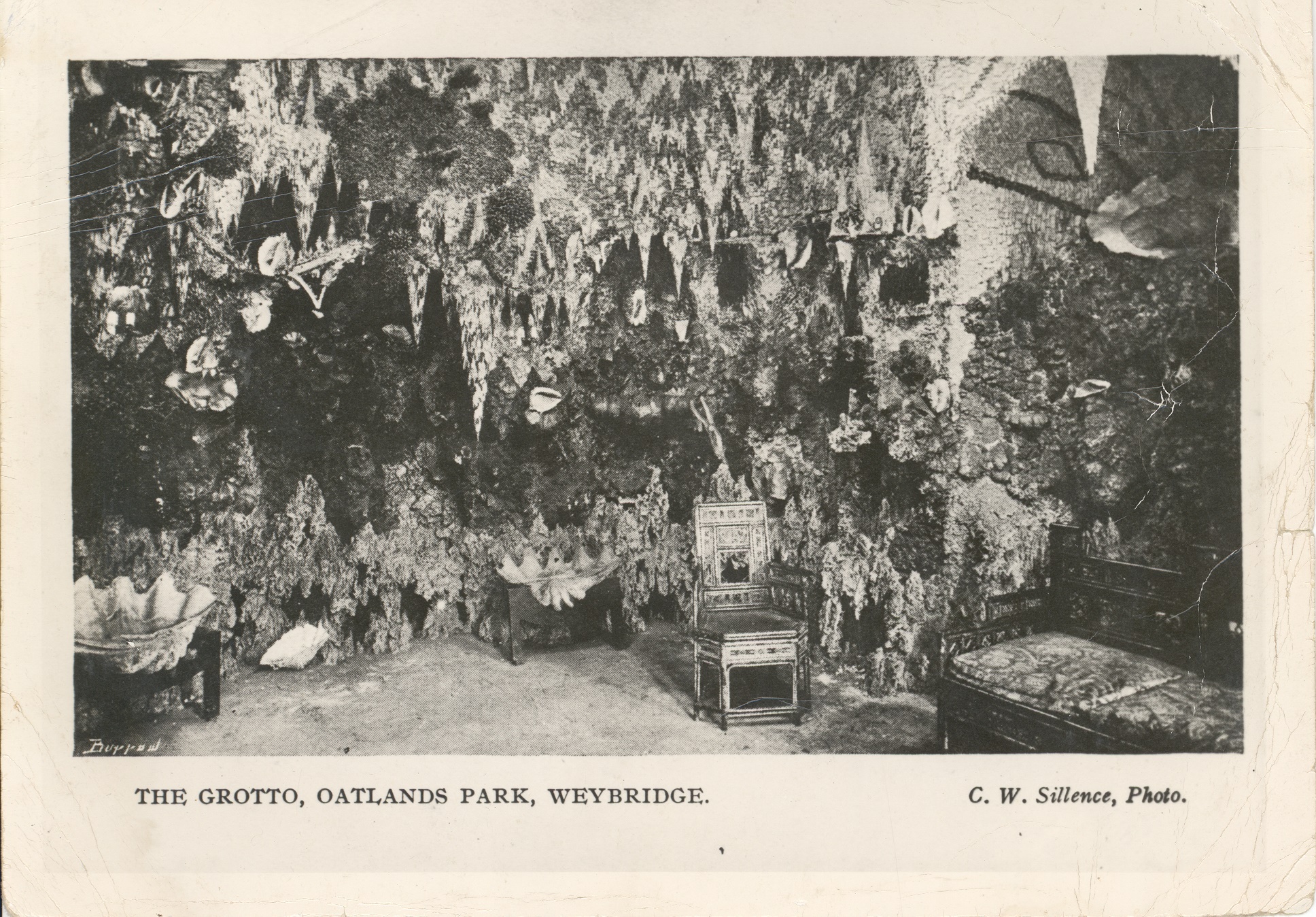The interior of the Oatlands Grotto, showing the Upper Chamber with chairs, and shells mounted on legs to form tables.