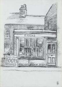 Charcoal drawing by Richard Haynes of R. Hicks, boot and shoe repairer's shop in East Molesey, initialled 