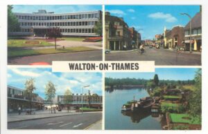 A postcard showing some of the primary shopping streets in Walton, as well as boats on the river Thames. All of the photos were taken in the 1960s.