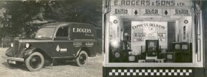 E. Rogers & Sons van in the 1950's (left) and a window display at Rogers & Sons' shop, Weybridge High Street, c.1950s (right).
